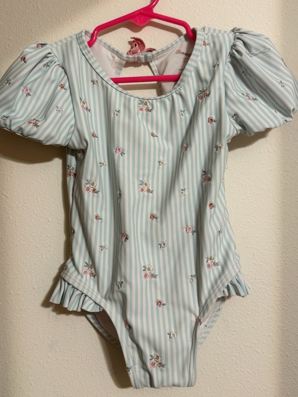 Tommy Bahama Toddler Girl Stripe Floral Puff Sleeve Swimsuit 3T Fits 2T Coquette